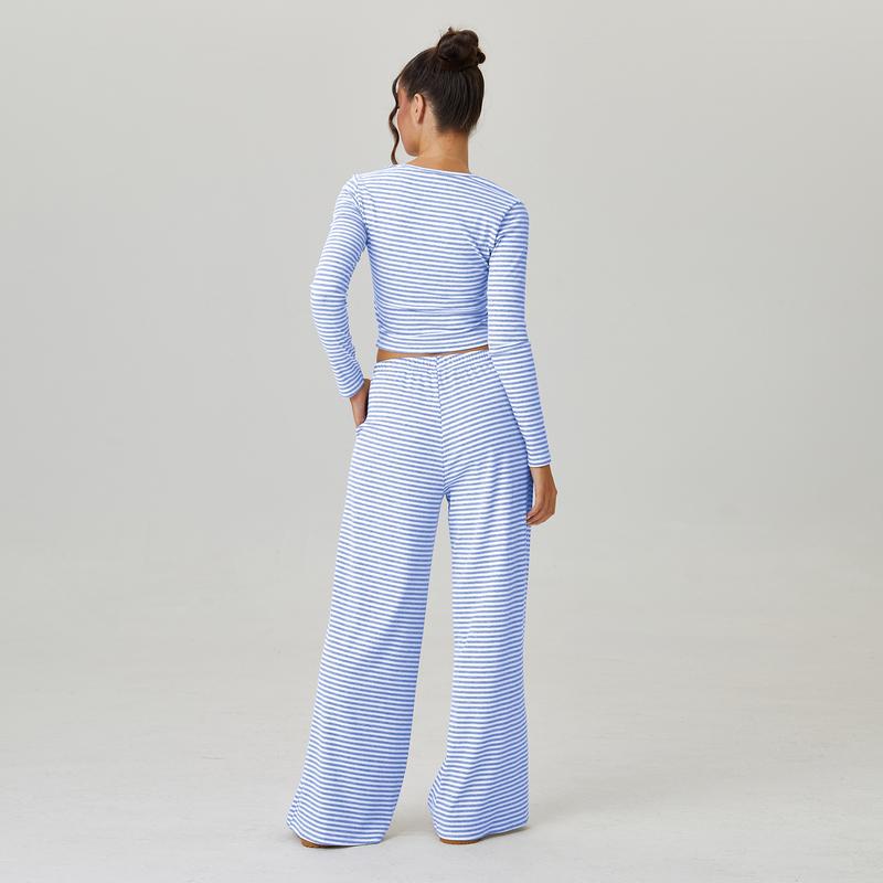 Women's Slouchy Square Neck Stripe Long Sleeve Crop Top & Low-Rise Wide Leg Trousers Co-ord