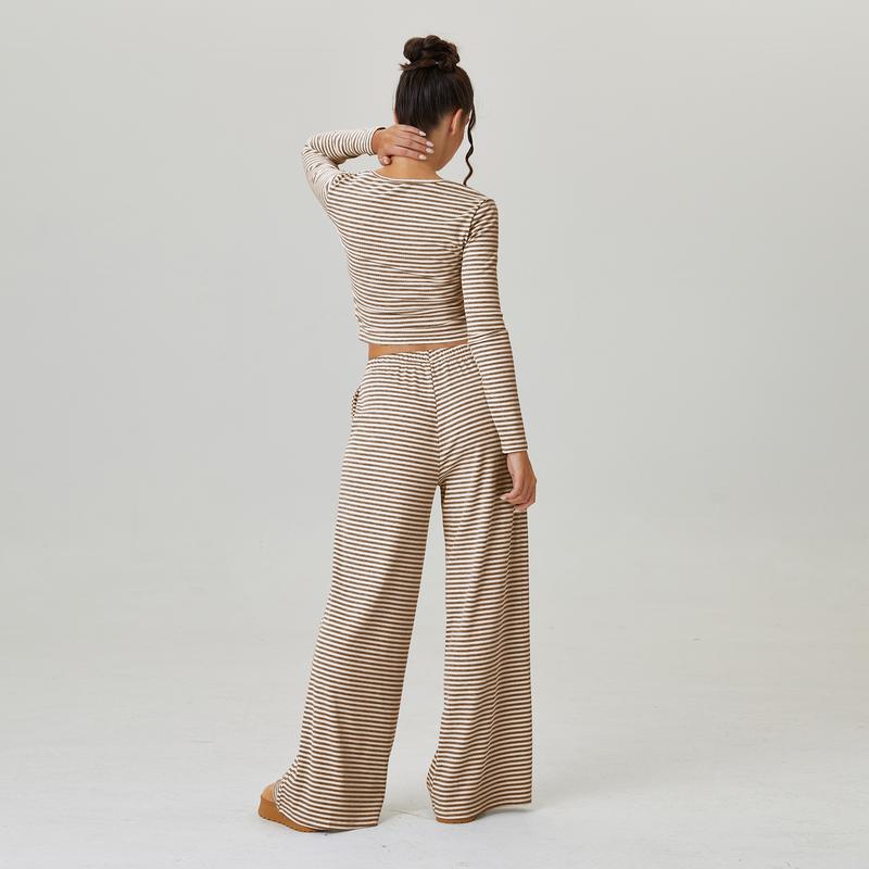 Women's Slouchy Square Neck Stripe Long Sleeve Crop Top & Low-Rise Wide Leg Trousers Co-ord