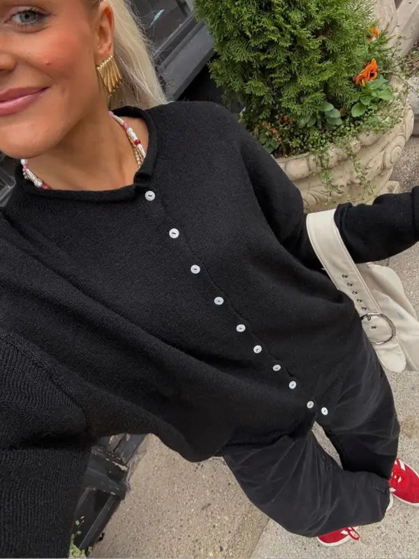 Women's Vintage Knit Cardigan with Rolled Hem, Simple Solid Color Sweater Jacket for Autumn and Winter Fashion