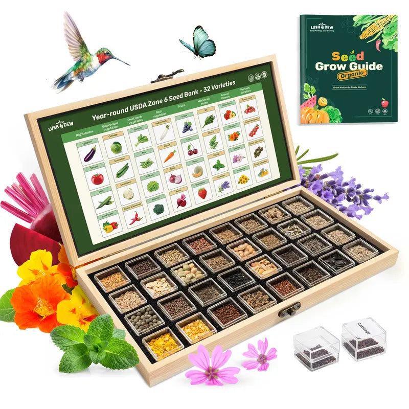 Year-Round USDA Zone 6 Seed Bank - 32 Organic Garden Plant Seed Varieties with Vegetables Herbs Flowers All Seasons Storage Box Included