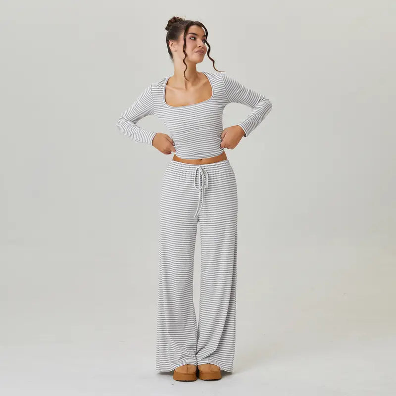 Women's Slouchy Square Neck Stripe Long Sleeve Crop Top & Low-Rise Wide Leg Trousers Co-ord