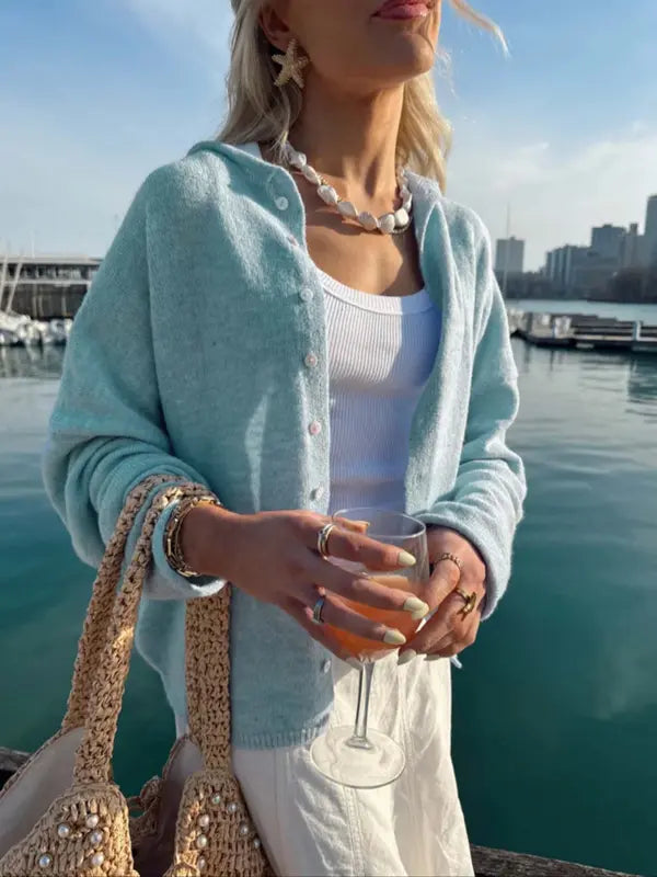 Women's Vintage Knit Cardigan with Rolled Hem, Simple Solid Color Sweater Jacket for Autumn and Winter Fashion