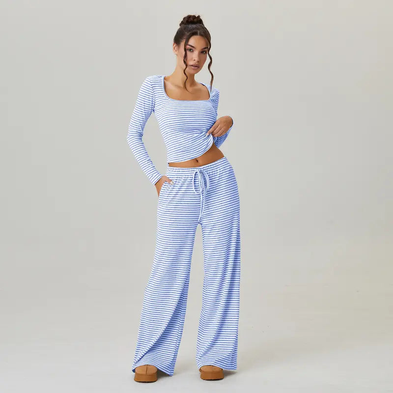 Women's Slouchy Square Neck Stripe Long Sleeve Crop Top & Low-Rise Wide Leg Trousers Co-ord