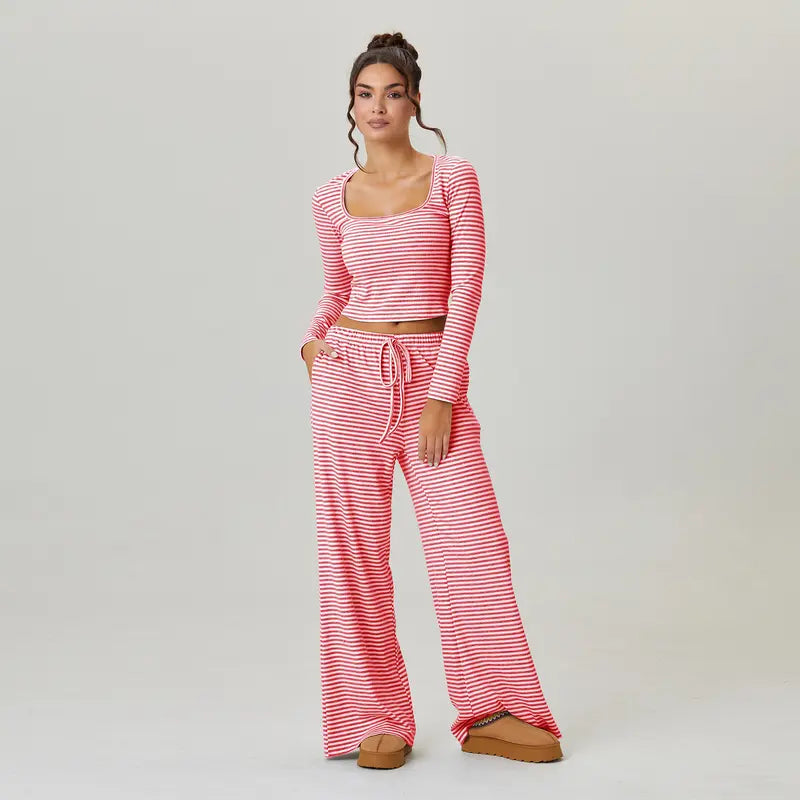 Women's Slouchy Square Neck Stripe Long Sleeve Crop Top & Low-Rise Wide Leg Trousers Co-ord