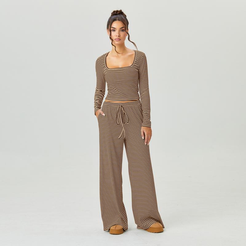 Women's Slouchy Square Neck Stripe Long Sleeve Crop Top & Low-Rise Wide Leg Trousers Co-ord